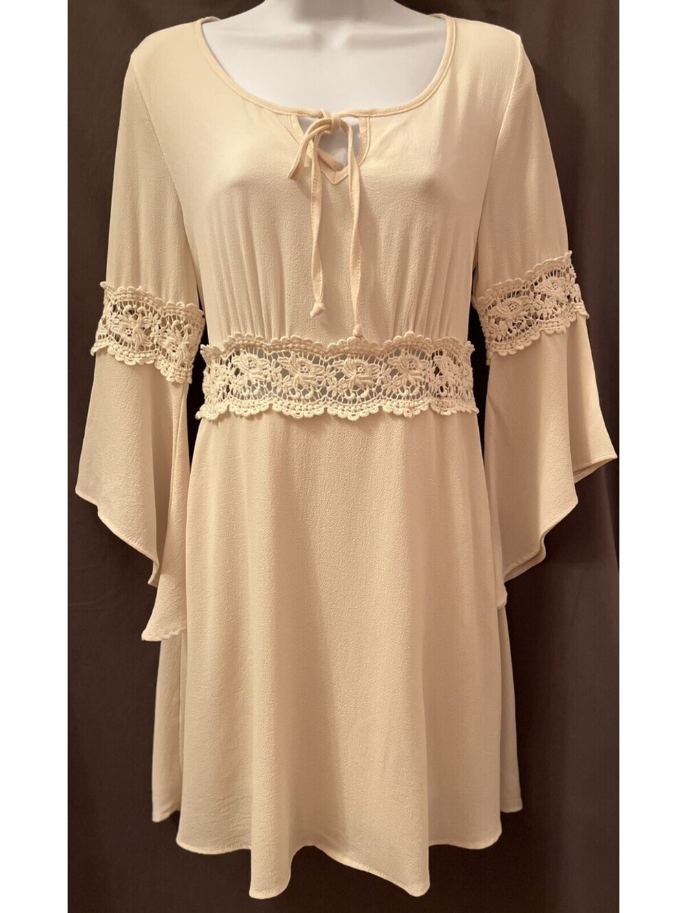 VTG 80s Illa Illa Cream Peasant Boho Gunne Hippie Crochet Lace Mini Dress SZ 8